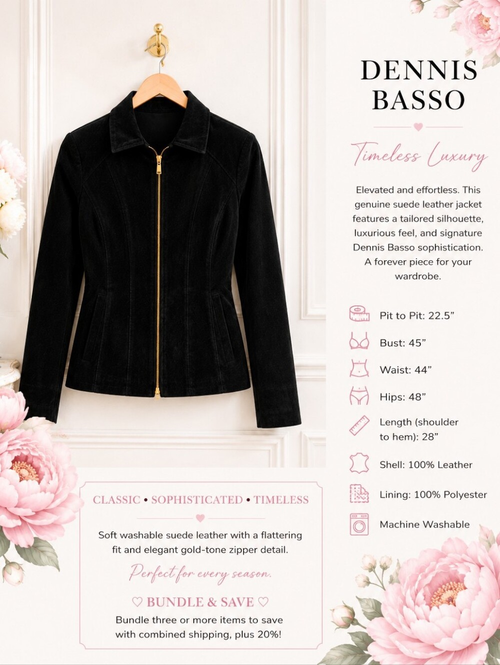 NWT Dennis Basso Black Washable Suede Leather Jacket L Gold Zip - Picture 8 of 11